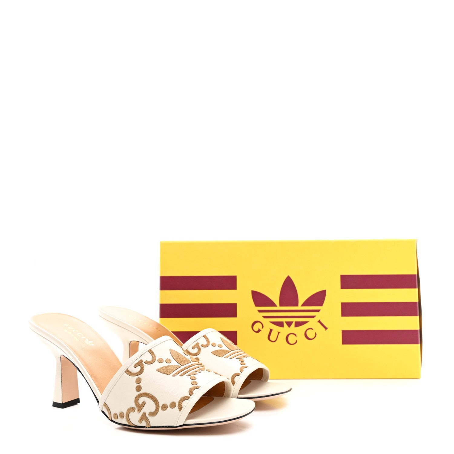 Gucci X ADIDAS Nappa Suede Monogram Jumbo GG Trefoil 75mm Slide Sandals 40.5 New Mystic White Sand 9 of 9