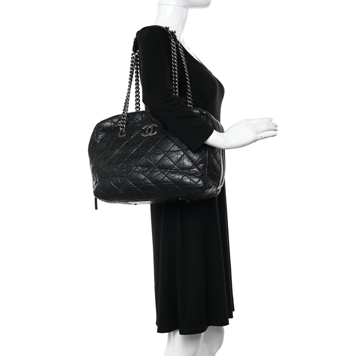 Aged Calfskin Quilted Large Secret Tag Bowling Bag Black