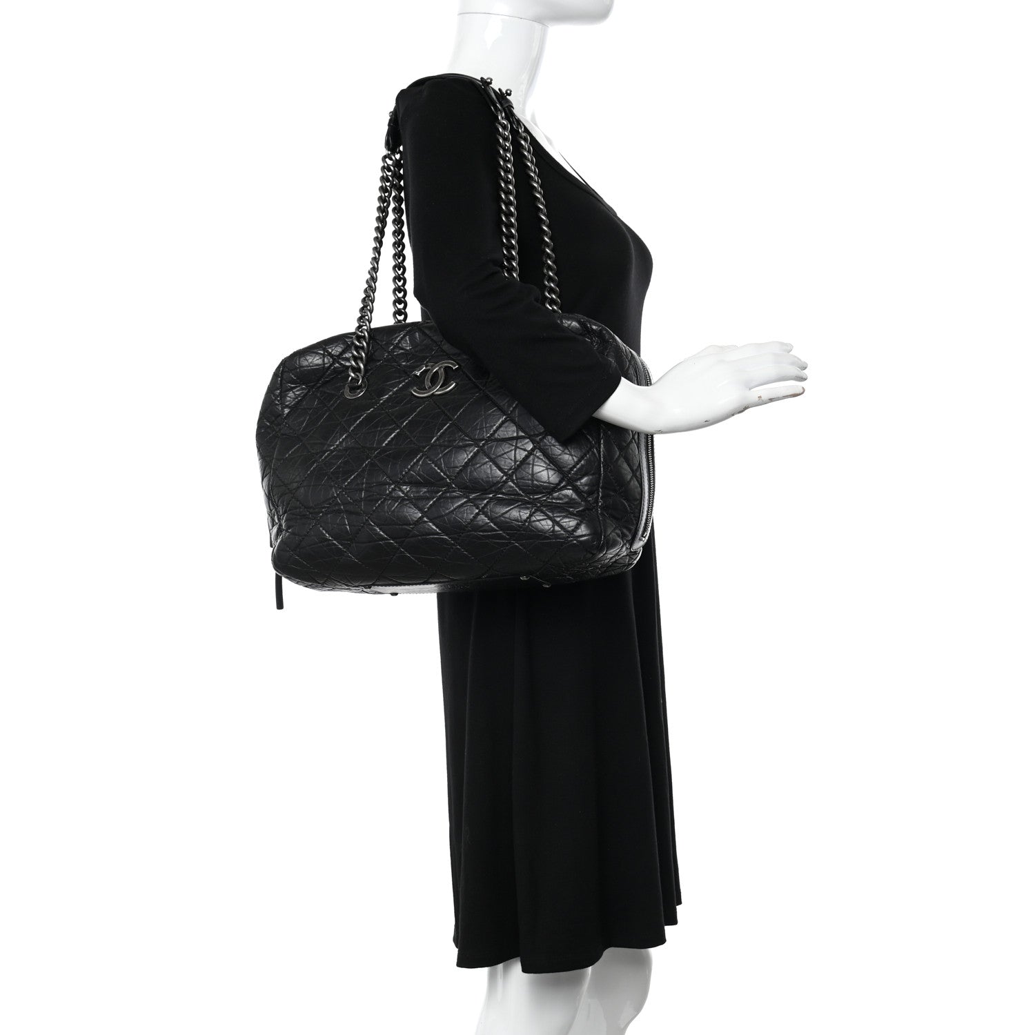 Chanel Aged Calfskin Quilted Large Secret Tag Bowling Bag Black 2 of 12