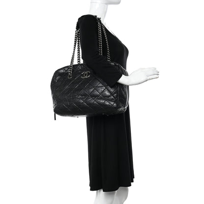 Chanel Aged Calfskin Quilted Large Secret Tag Bowling Bag Black 2 of 12