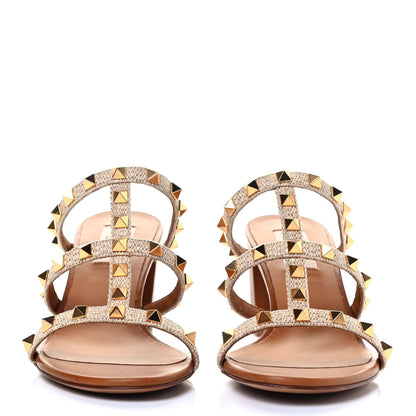 Valentino Garavani Raffia Calfskin Rockstud 60mm Caged Slide Sandals 38 Naturale 2 of 7