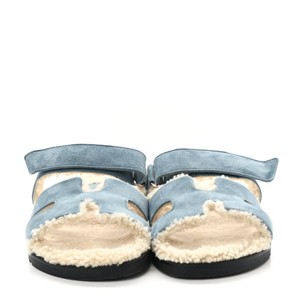 Hermes Suede Goatskin Woolskin Womens Chypre Sandals 40.5 Bleu Pinede Ecru 2 of 8