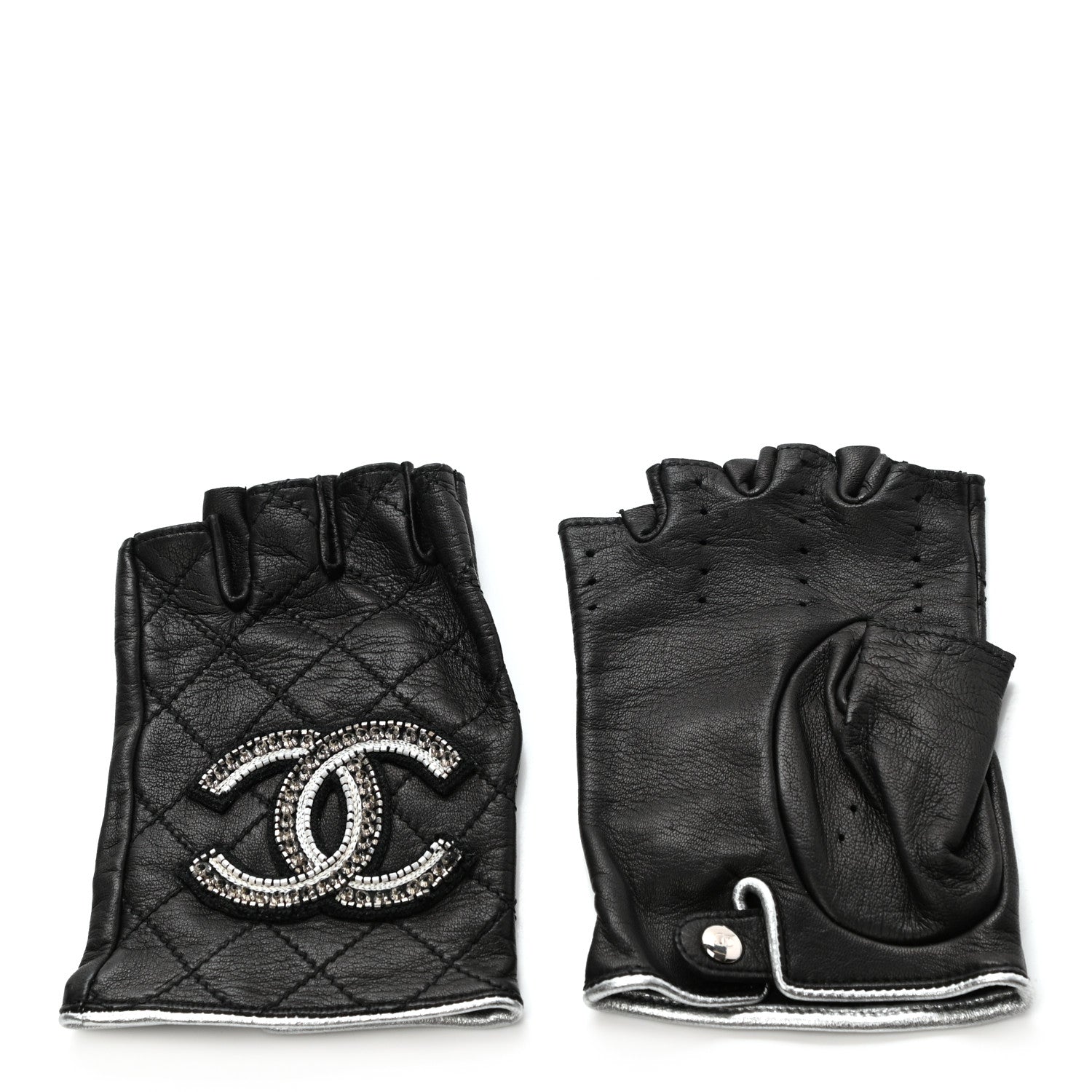 Chanel Lambskin Stitched Fingerless CC Embellished Gloves 7.5 Black 1 of 4