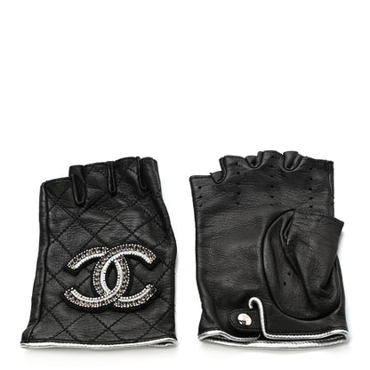 Chanel Lambskin Stitched Fingerless CC Embellished Gloves 7.5 Black 1 of 4
