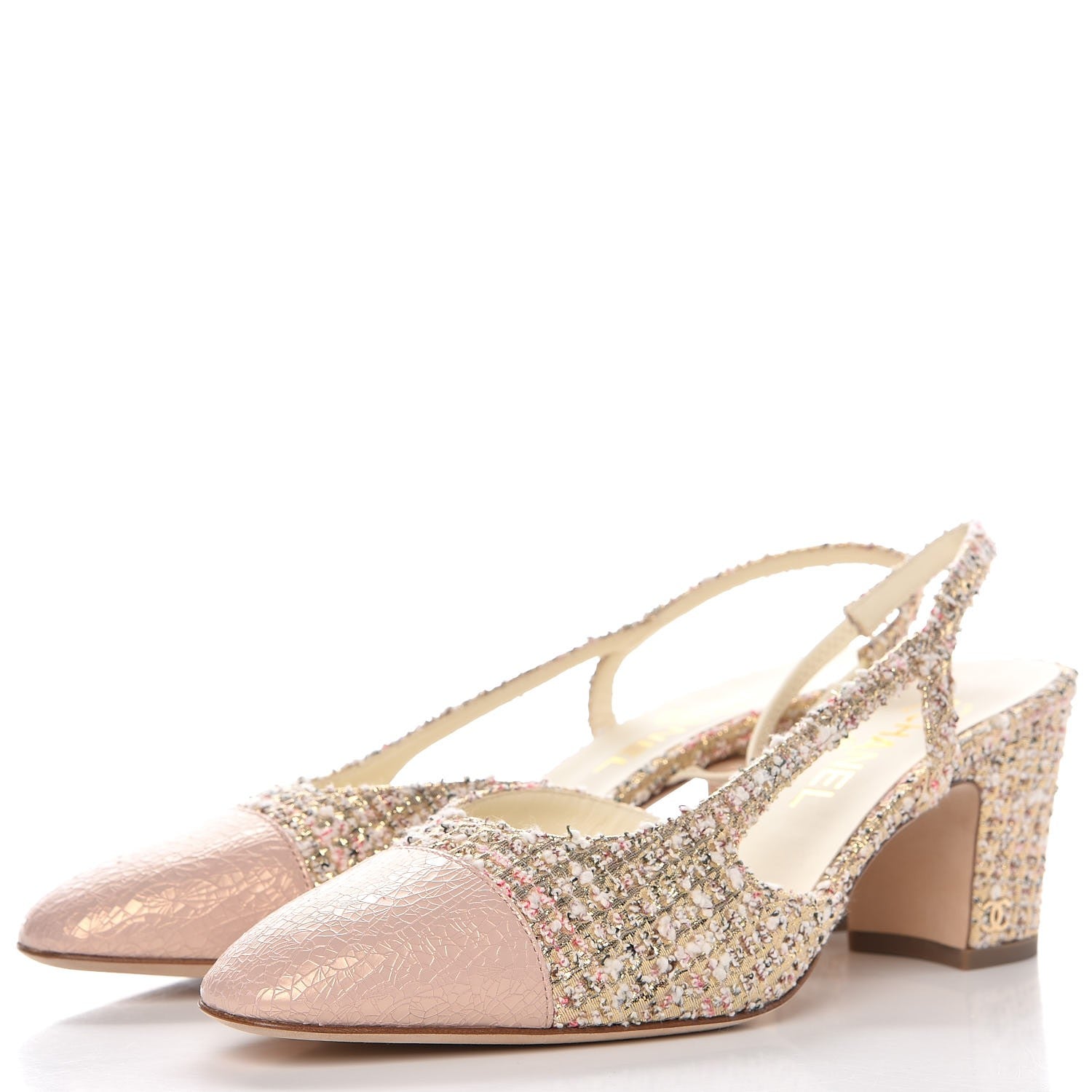 Chanel Tweed Patent Cap Toe CC Slingback Pumps 39.5 Pink