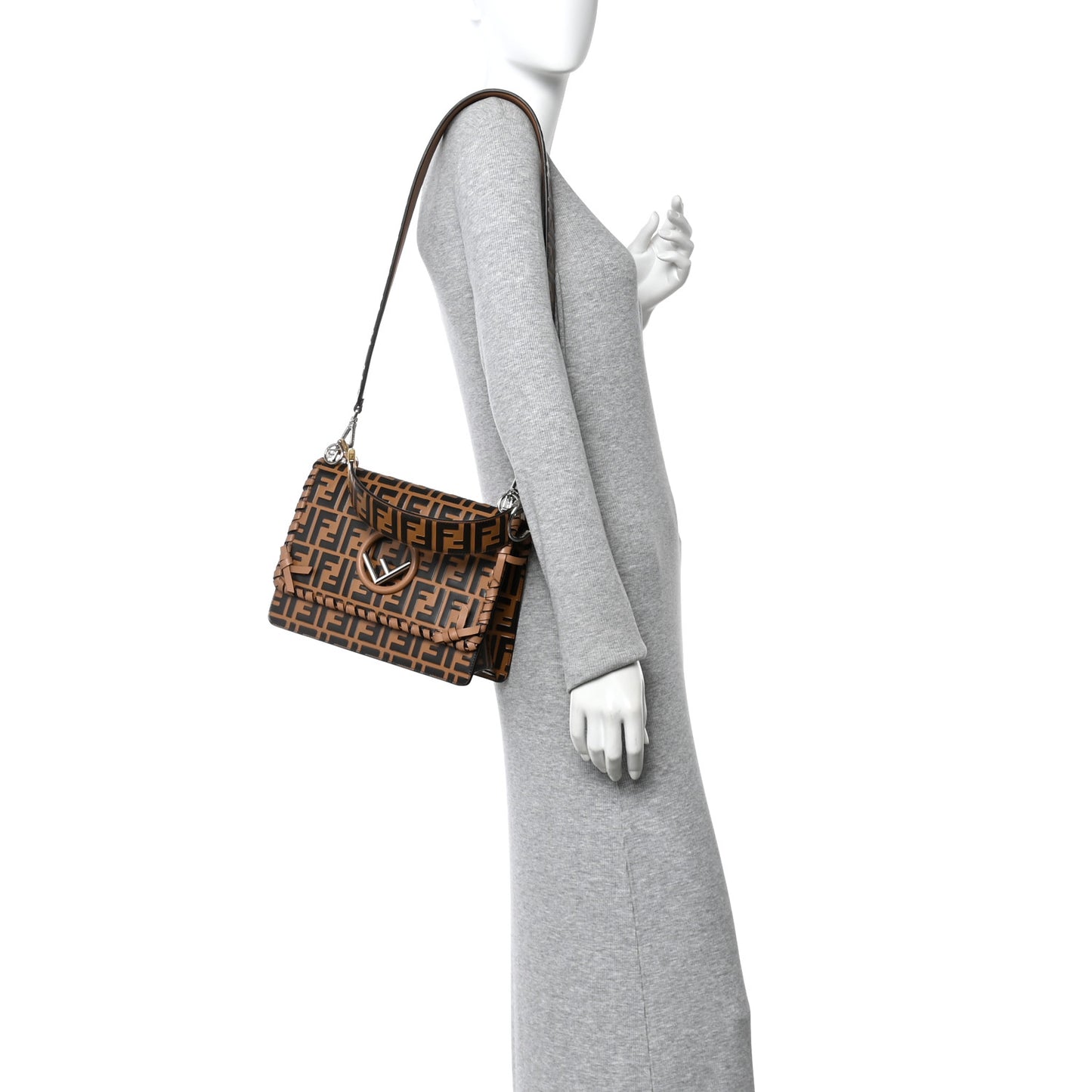 Vitello Century F is Fendi Whipstitch Threads FF Embossed Kan I Shoulder Bag Tobacco Orzo