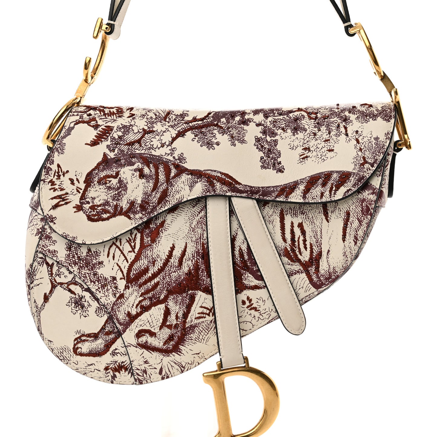 Calfskin Embroidered Toile de Jouy Saddle Bag Burgundy