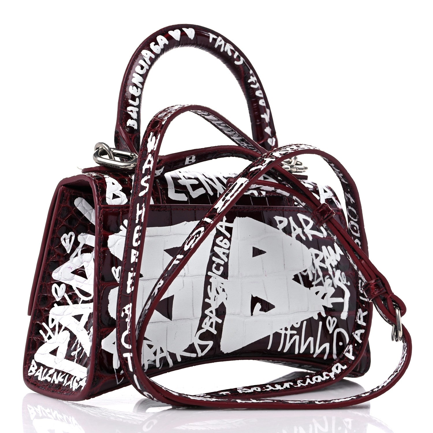 Balenciaga Calfskin Graffiti Crocodile Embossed Hourglass Top Handle Bag XS Dark Red White 3 of 10