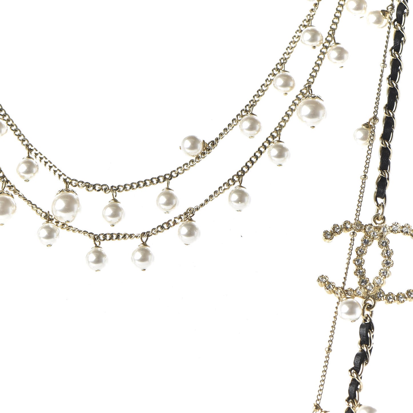 Pearl Crystal Lambskin CC Multi Strand Necklace Light Gold Black