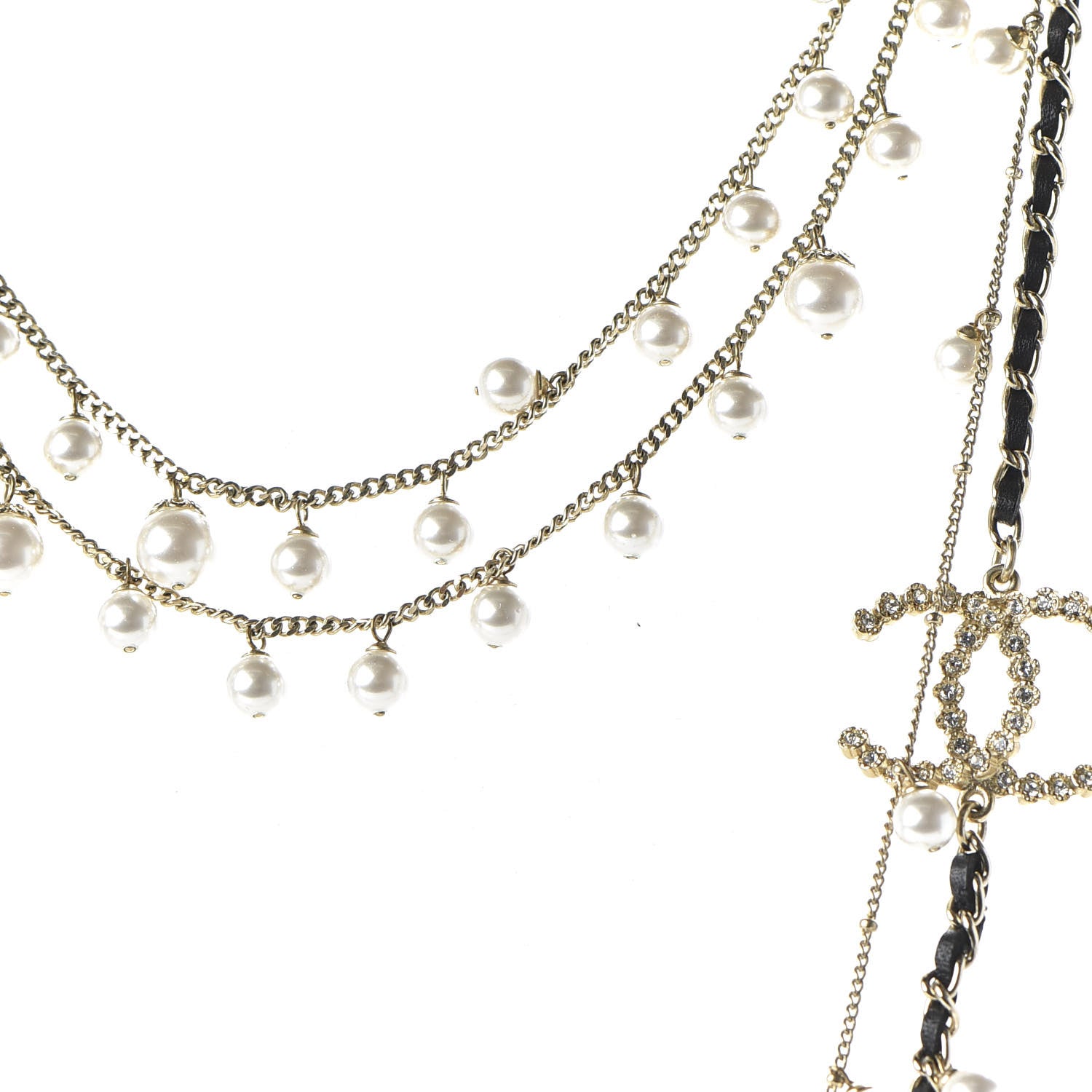 Chanel Pearl Crystal Lambskin CC Multi Strand Necklace Light Gold Black 4 of 6