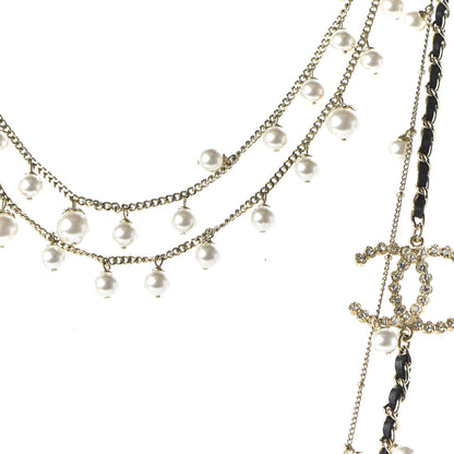 Chanel Pearl Crystal Lambskin CC Multi Strand Necklace Light Gold Black 4 of 6