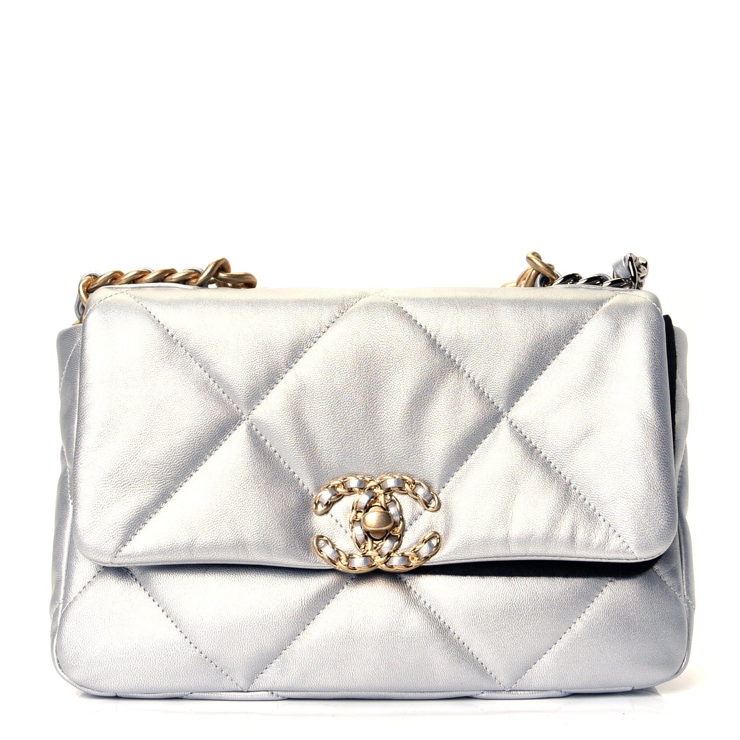 Metallic Goatskin Quilted Medium Chanel 19 Flap Silver