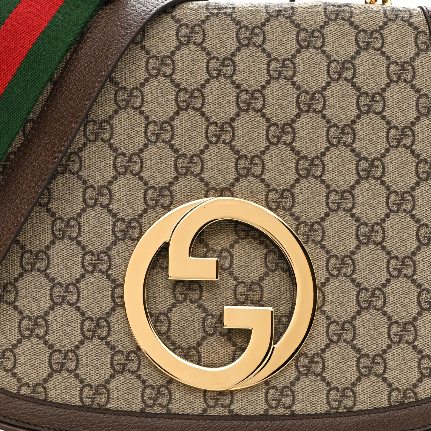 GG Supreme Monogram Textured Dollar Calfskin Web Medium Blondie Top Handle Shoulder Flap Bag Beige Ebony New Acero