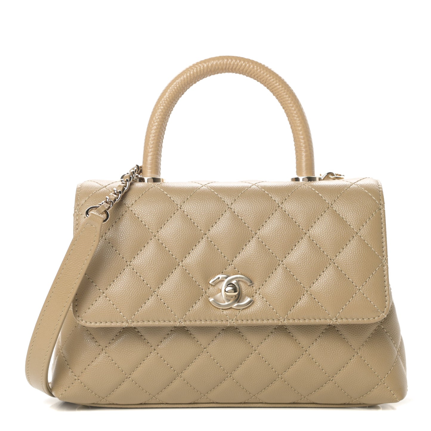 Caviar Lizard Embossed Quilted Mini Coco Handle Flap Dark Beige