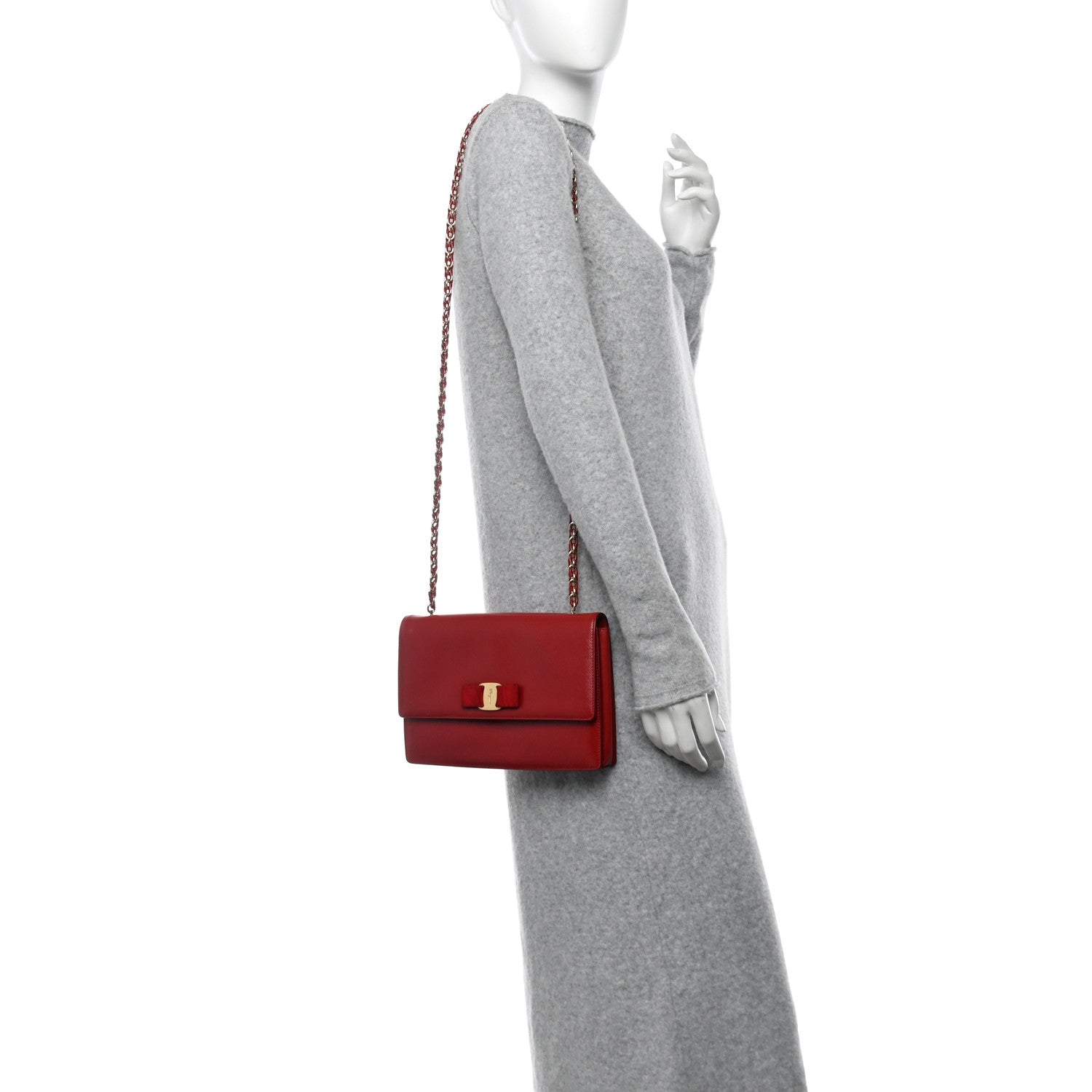 Salvatore Ferragamo Hammered Calfskin Vara Bow Chain Crossbody Red 2 of 11