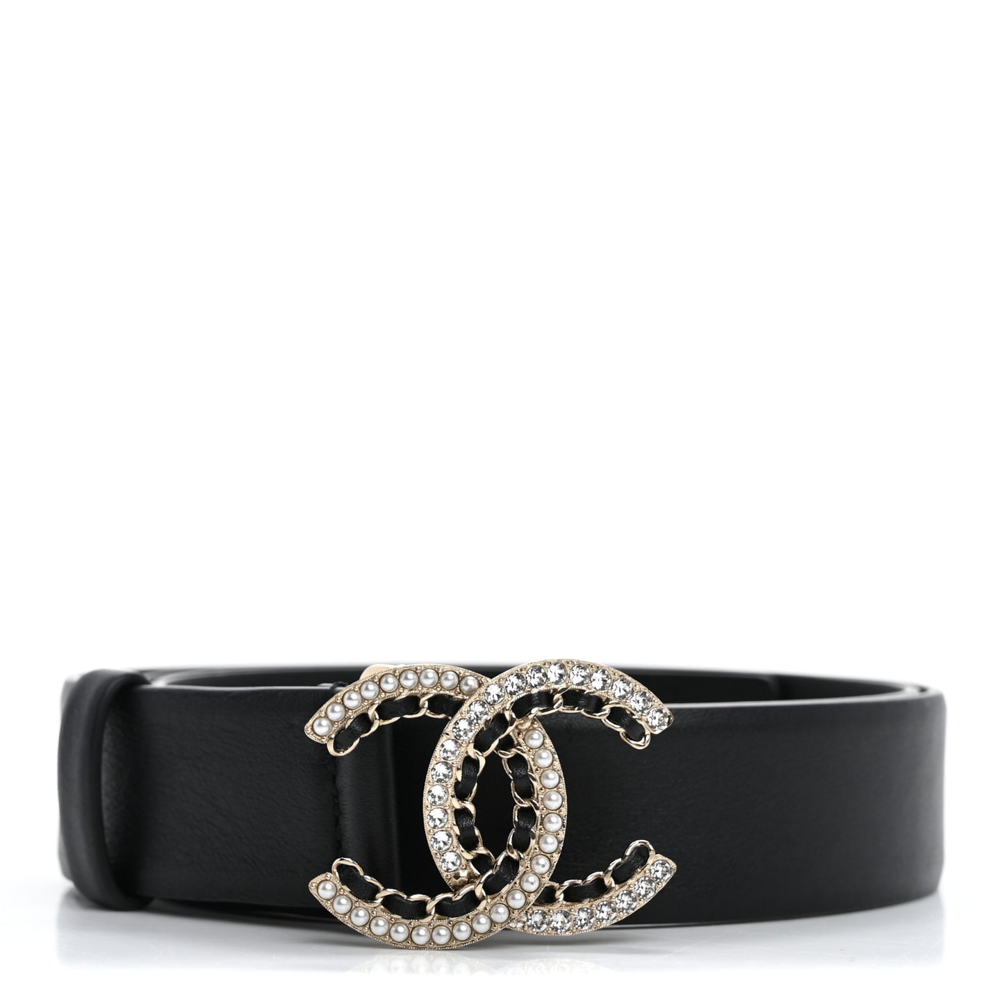 Calfskin Crystal CC Chain Belt 85 34 Black