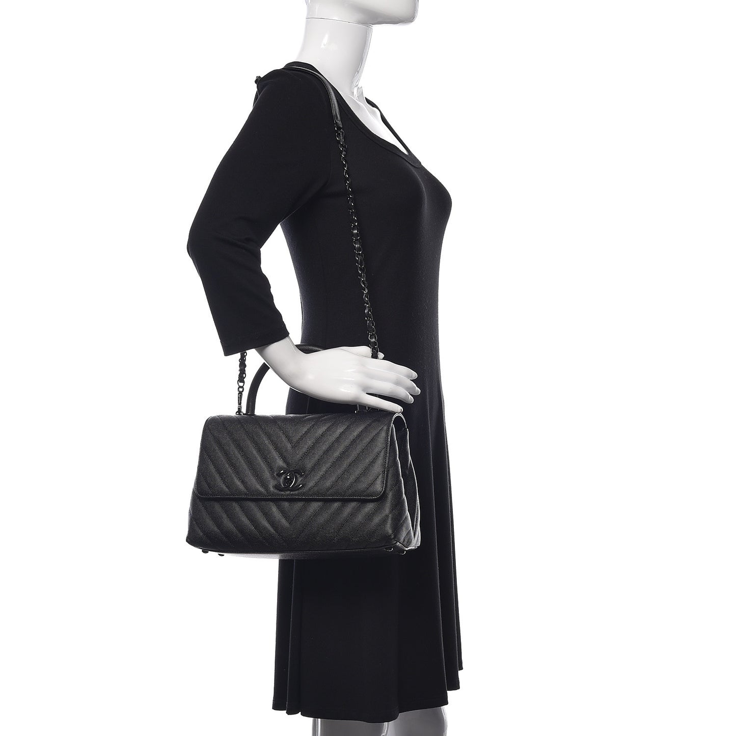 Caviar Chevron Quilted Small Coco Handle Flap So Black
