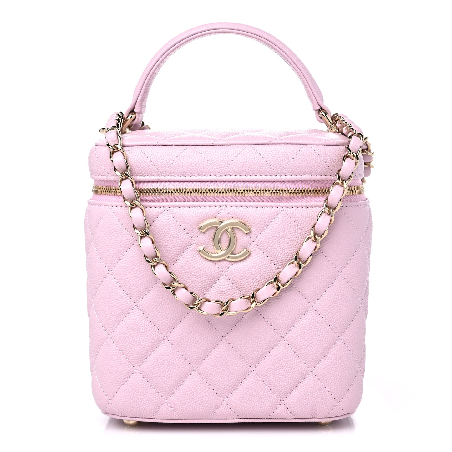 Caviar Quilted Small Top Handle Vanity Case With Chain Light Pink