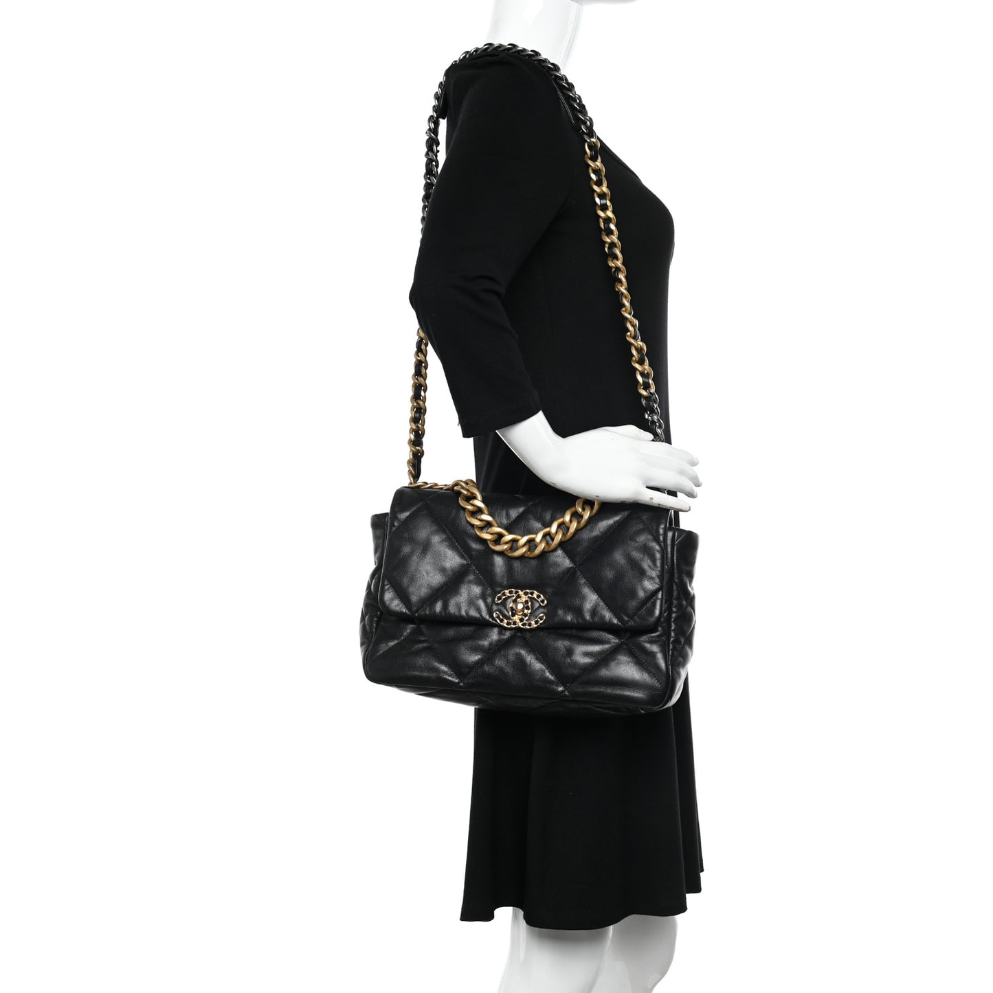 Shiny Goatskin Quilted Large Chanel 19 Flap Black