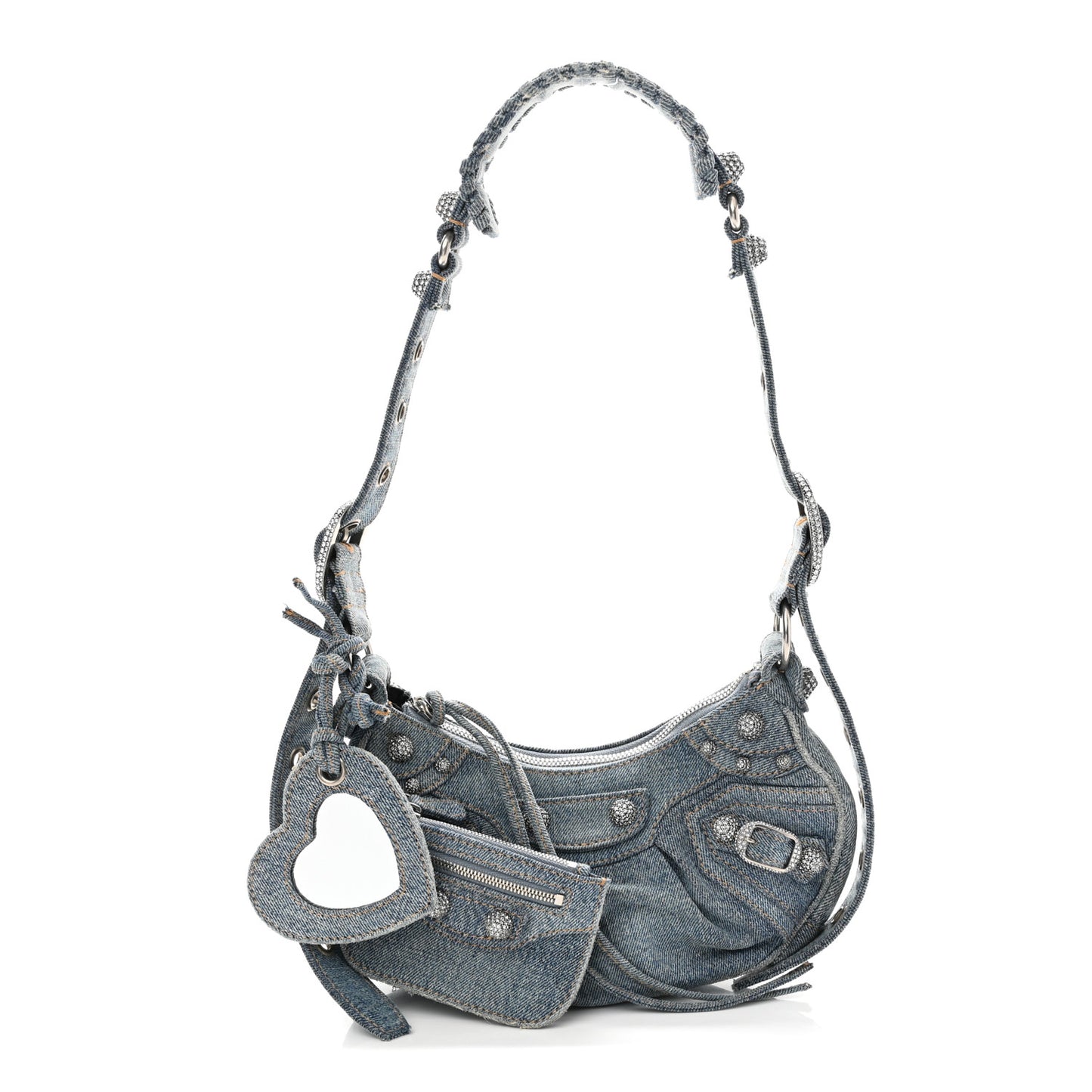 Washed Frayed Denim Crystal Le Cagole Shoulder Bag XS Blue