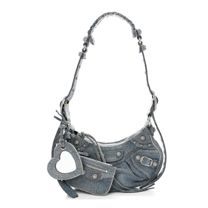 Balenciaga Washed Frayed Denim Crystal Le Cagole Shoulder Bag XS Blue 3 of 11