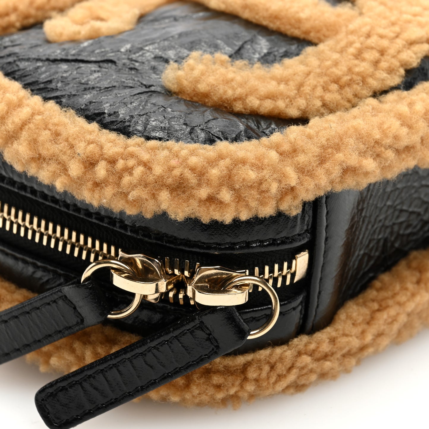 Shiny Crumpled Sheepskin Shearling CC Mania Waist Bag Black Light Brown