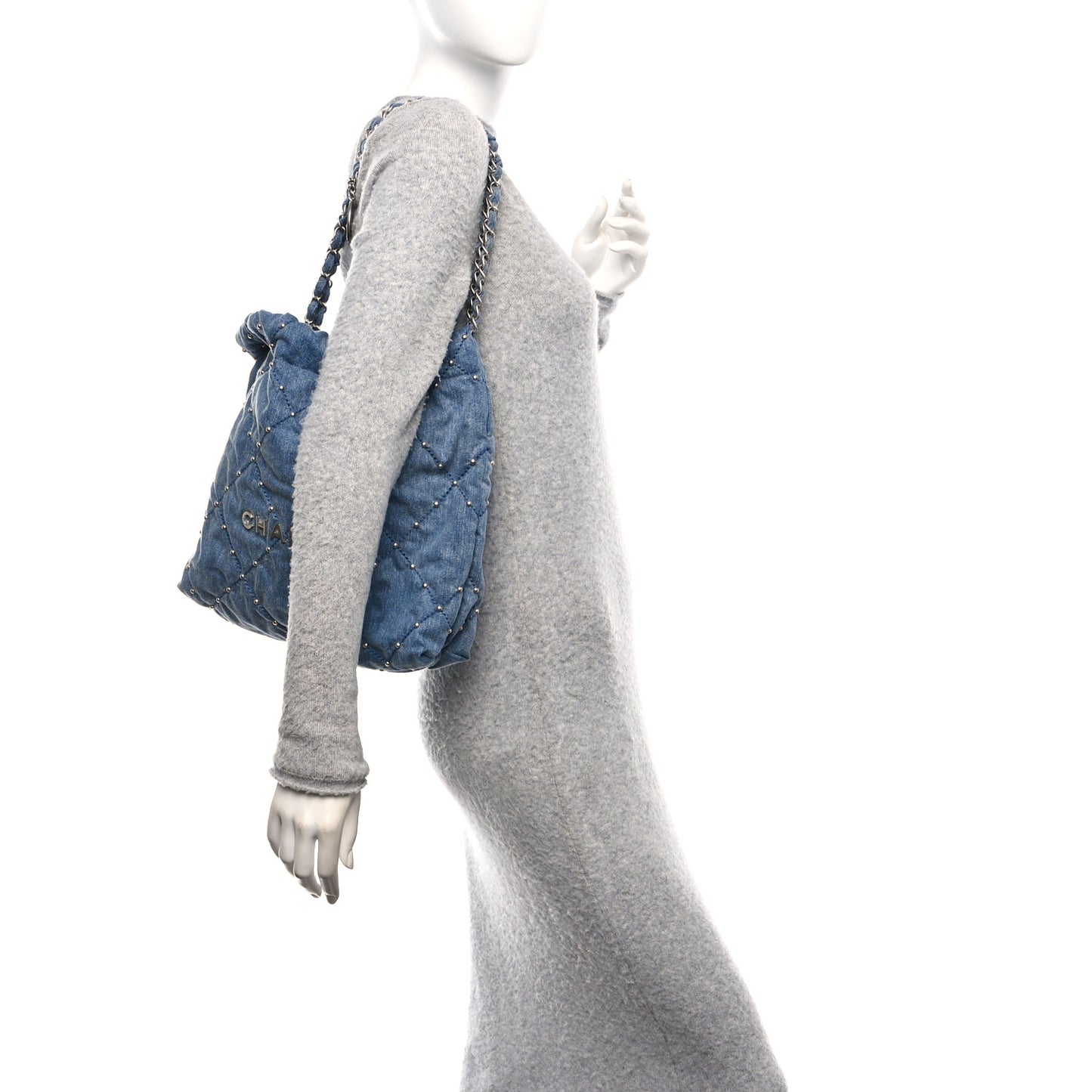 Washed Denim Quilted Studded Small Chanel 22 Blue