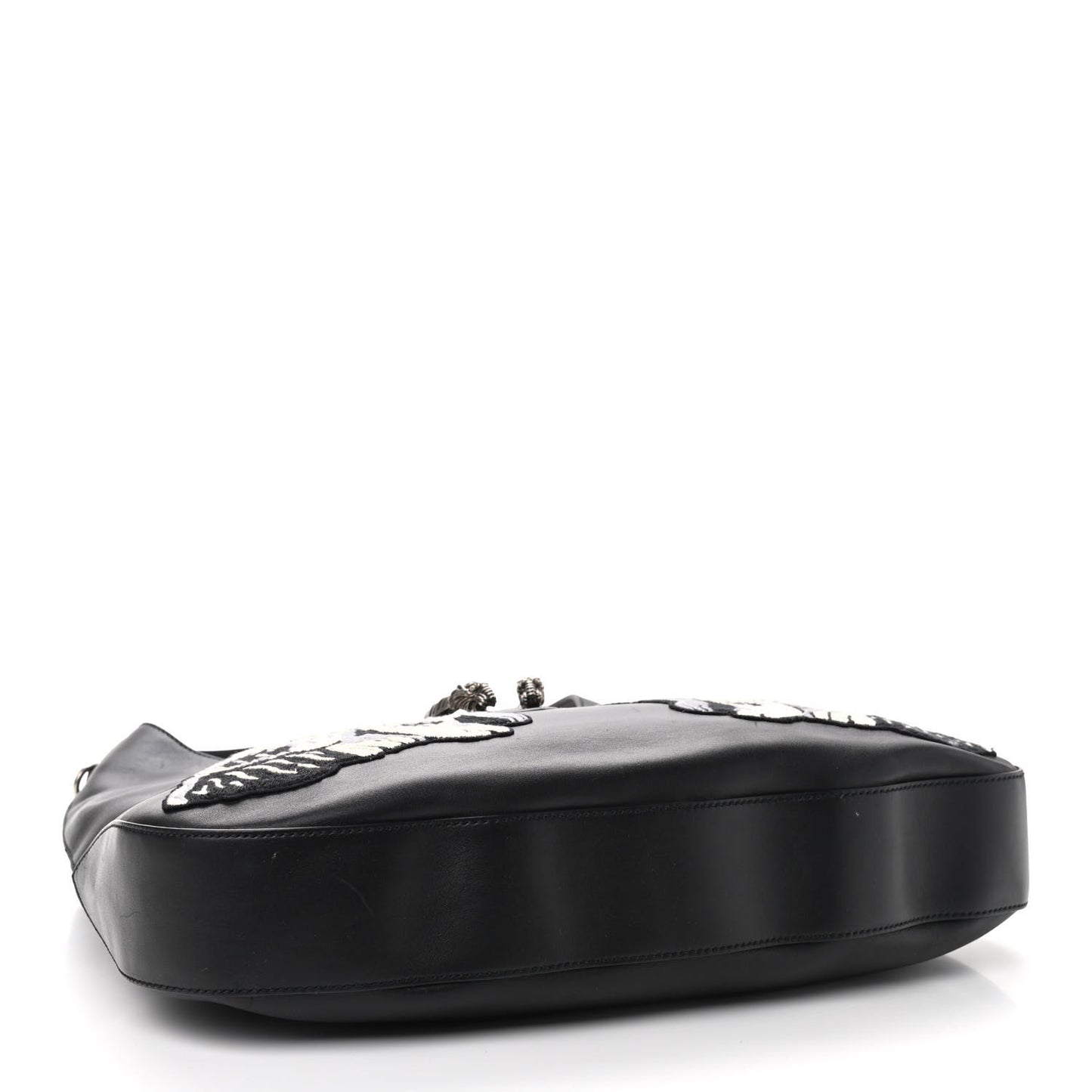 Calfskin Web Dog Embroidered Large Dionysus Hobo Black