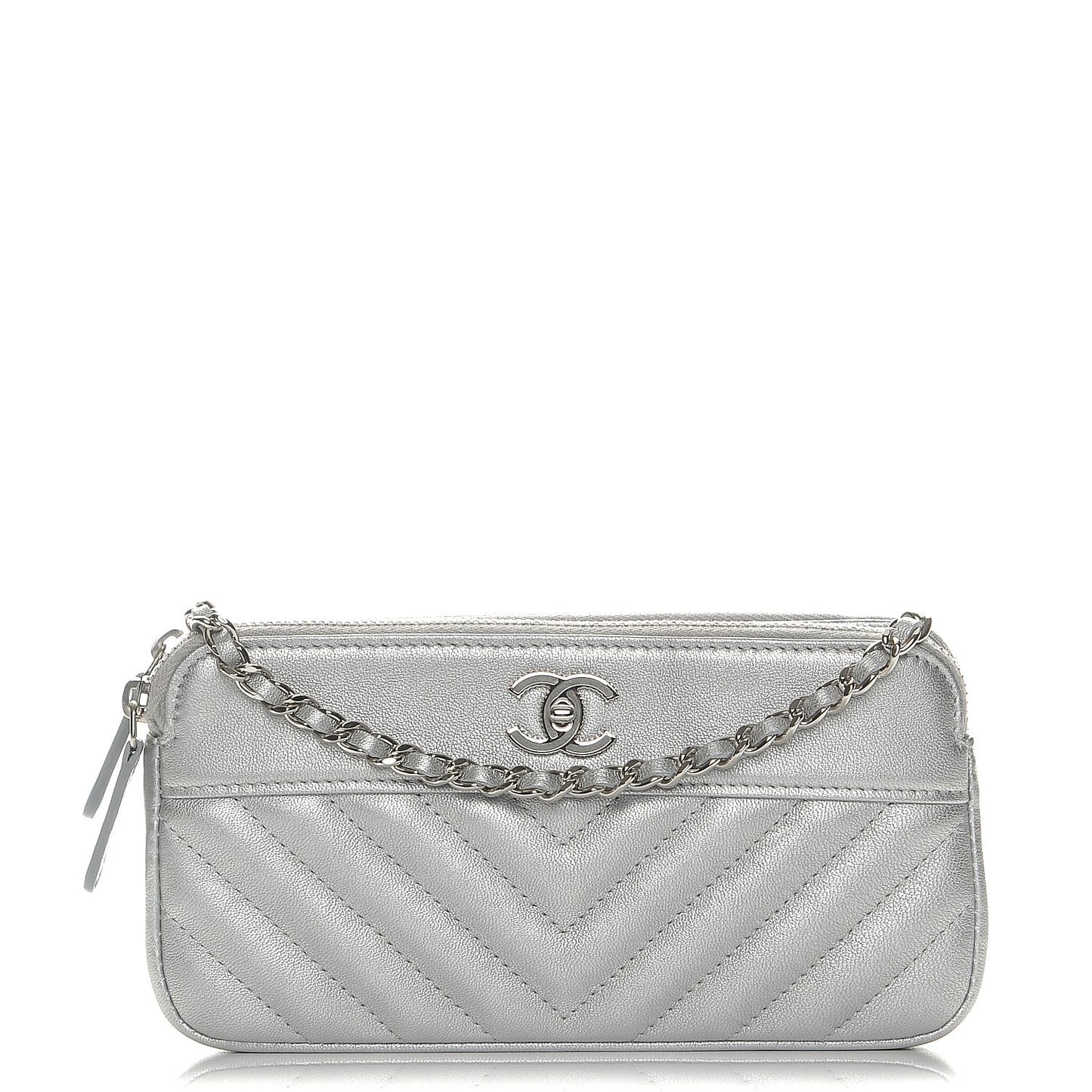 Metallic Sheepskin Chevron Quilted Small Clutch With Chain Silver