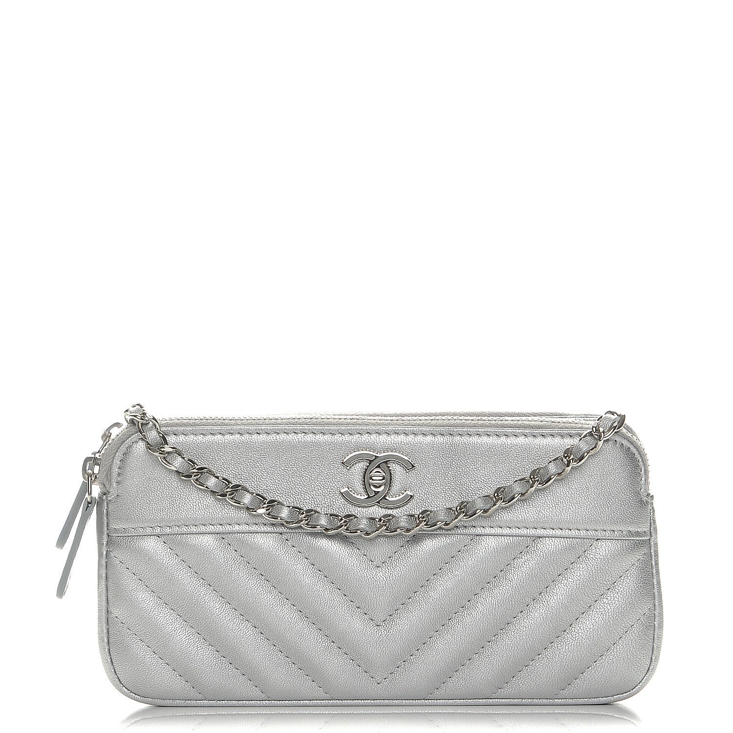 Chanel Metallic Sheepskin Chevron Quilted Small Clutch With Chain Silver 1 of 10