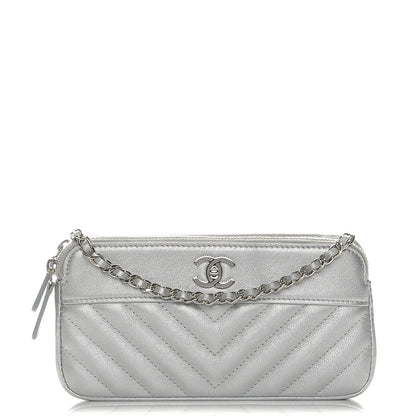Chanel Metallic Sheepskin Chevron Quilted Small Clutch With Chain Silver 1 of 10