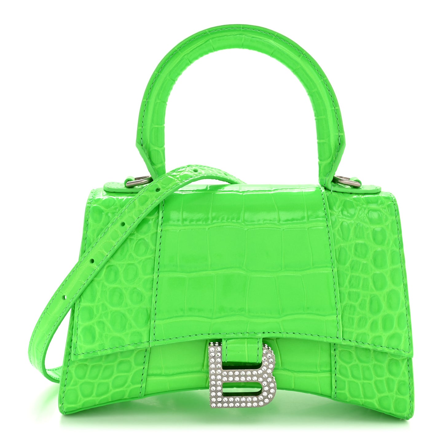 Shiny Calfskin Strass Crocodile Embossed Hourglass Top Handle Bag XS Fluo Green