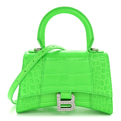 Balenciaga Shiny Calfskin Strass Crocodile Embossed Hourglass Top Handle Bag XS Fluo Green 1 of 14