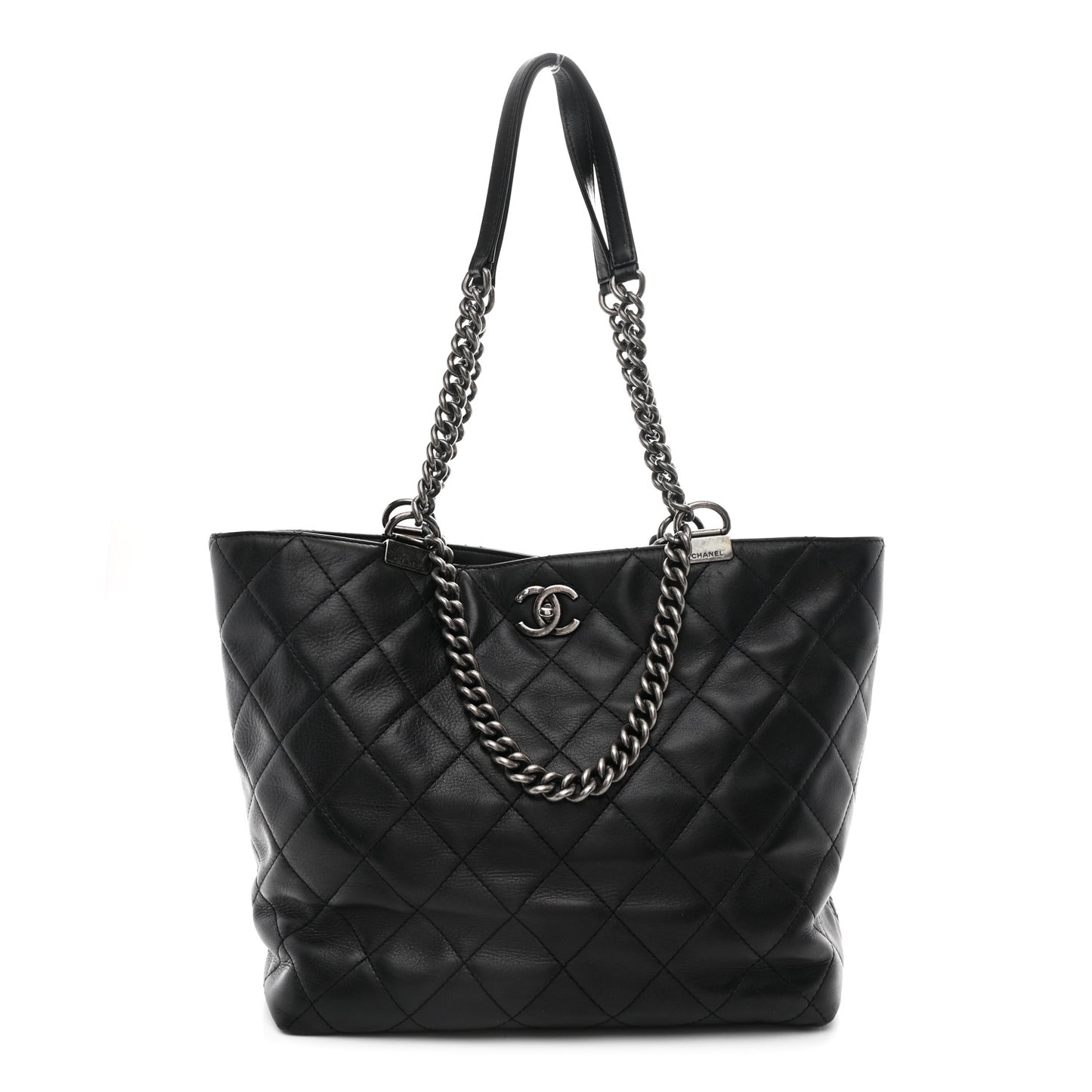 Calfskin Quilted Large Shopping In Chains Tote Black