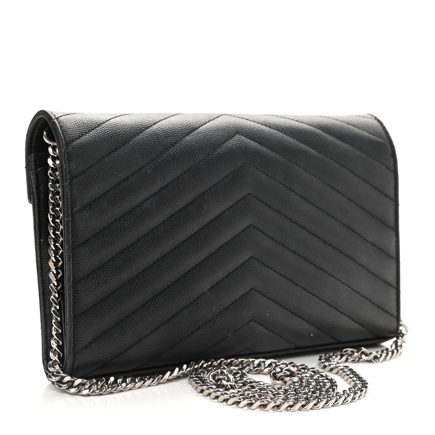 Saint Laurent Grain De Poudre Matelasse Chevron Monogram Chain Wallet Black 3 of 13
