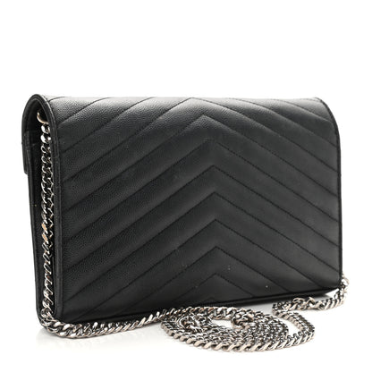 Saint Laurent Grain De Poudre Matelasse Chevron Monogram Chain Wallet Black 3 of 13