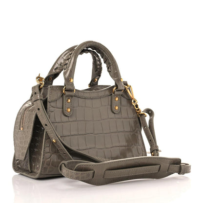 Balenciaga Shiny Supple Calfskin Crocodile Embossed Neo Classic Gold Hardware Mini City Mink Grey 3 of 10