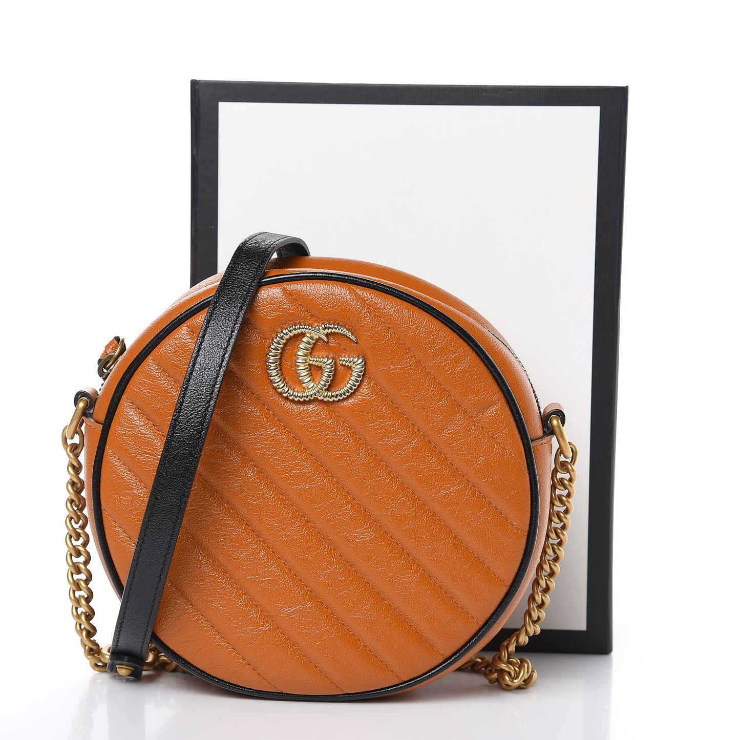 Azalea Calfskin Matelasse Diagonal Mini Torchon GG Marmont Round Shoulder Bag Cognac Black