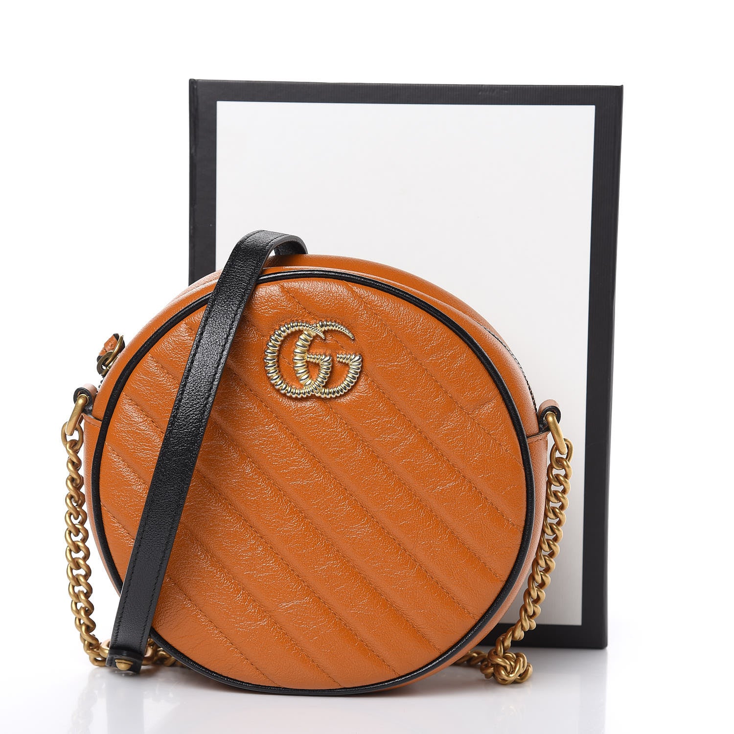 Gucci Azalea Calfskin Matelasse Diagonal Mini Torchon GG Marmont Round Shoulder Bag Cognac Black 10 of 10