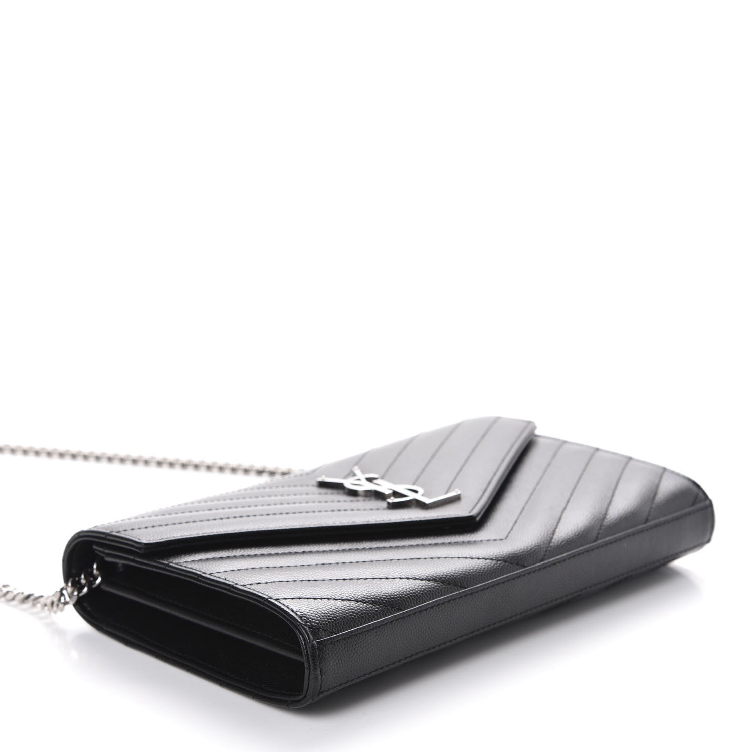 Saint Laurent Grain De Poudre Matelasse Chevron Monogram Chain Wallet Black 5 of 12