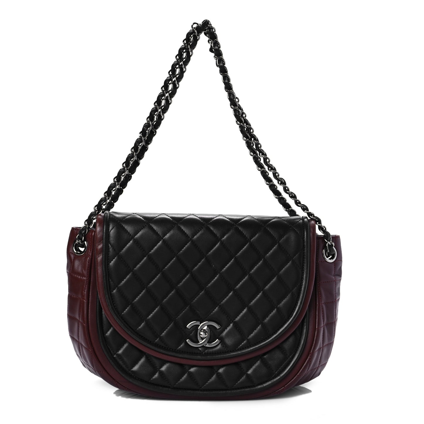 Lambskin Quilted Large Classic Twist Crescent Flap Black Burgundy