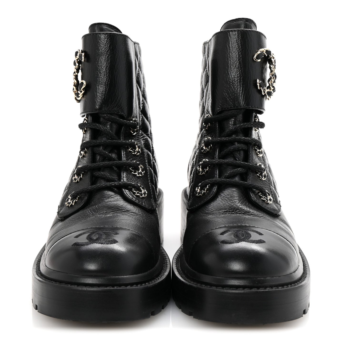 Shiny Goatskin Calfskin Quilted Lace Up Combat Boots 36.5 Black
