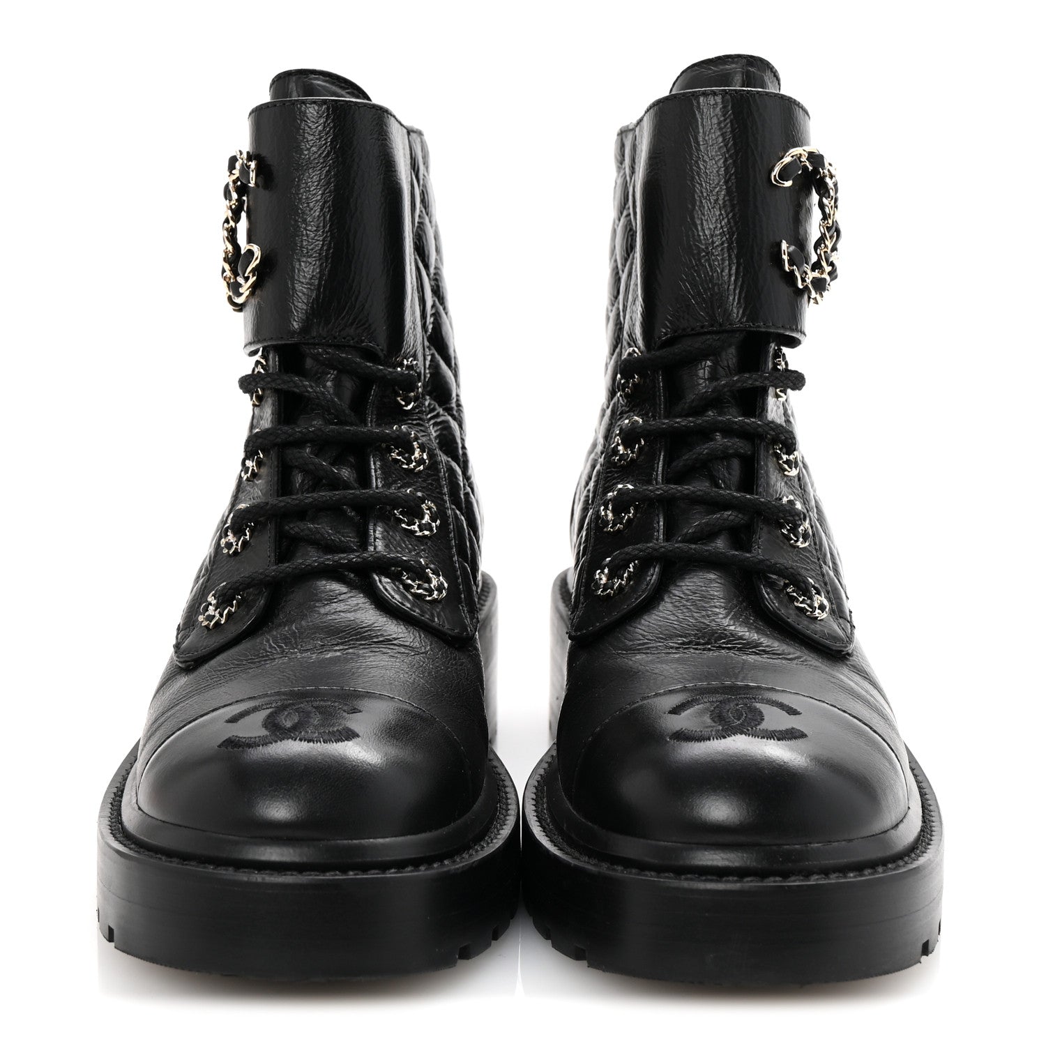 Chanel Shiny Goatskin Calfskin Quilted Lace Up Combat Boots 36.5 Black 3 of 10