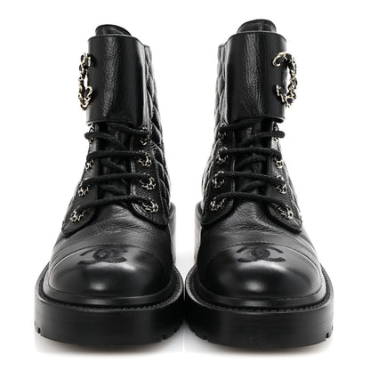 Chanel Shiny Goatskin Calfskin Quilted Lace Up Combat Boots 36.5 Black 3 of 10