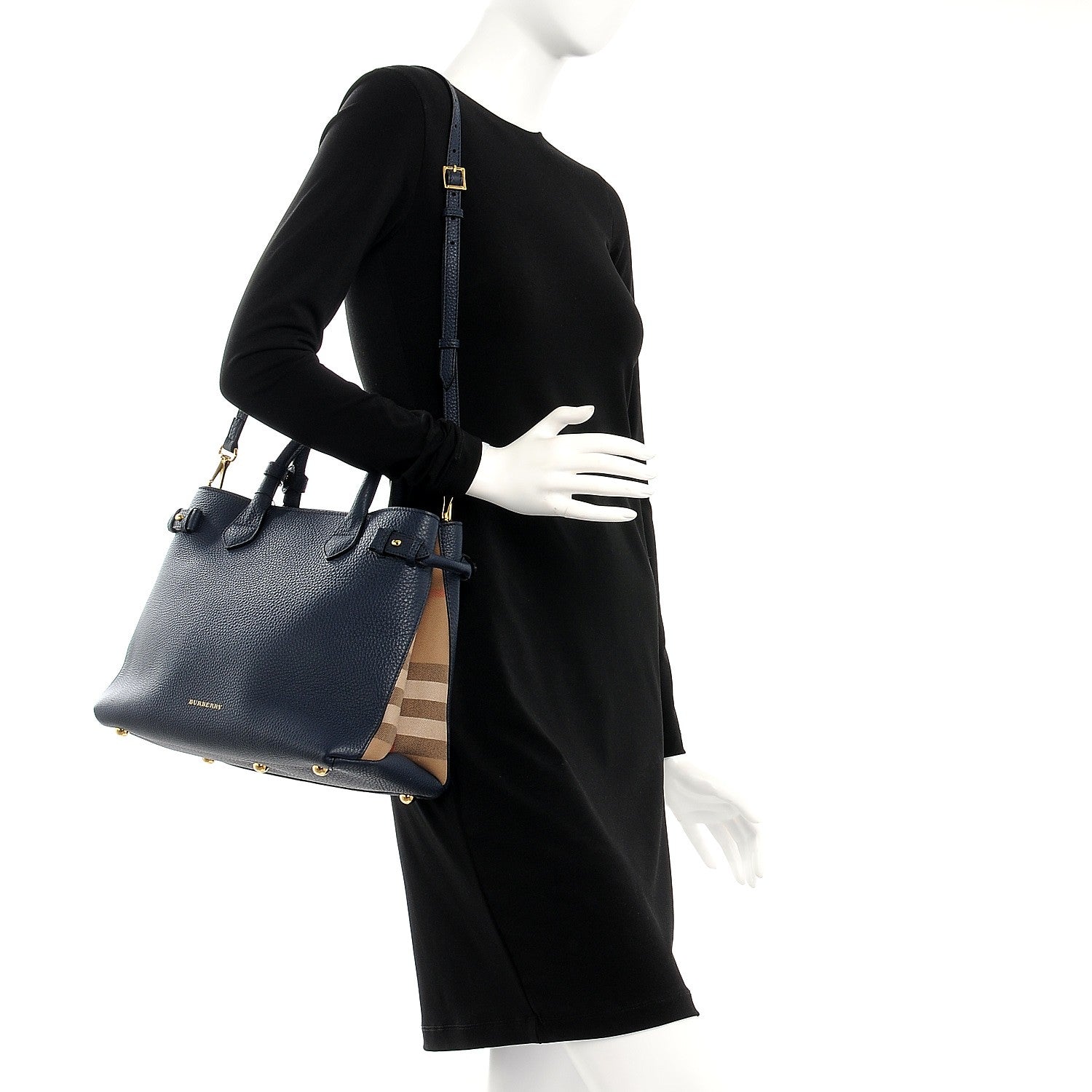 Burberry Grainy Calfskin House Check Medium Banner Tote Midnight Blue 3 of 9