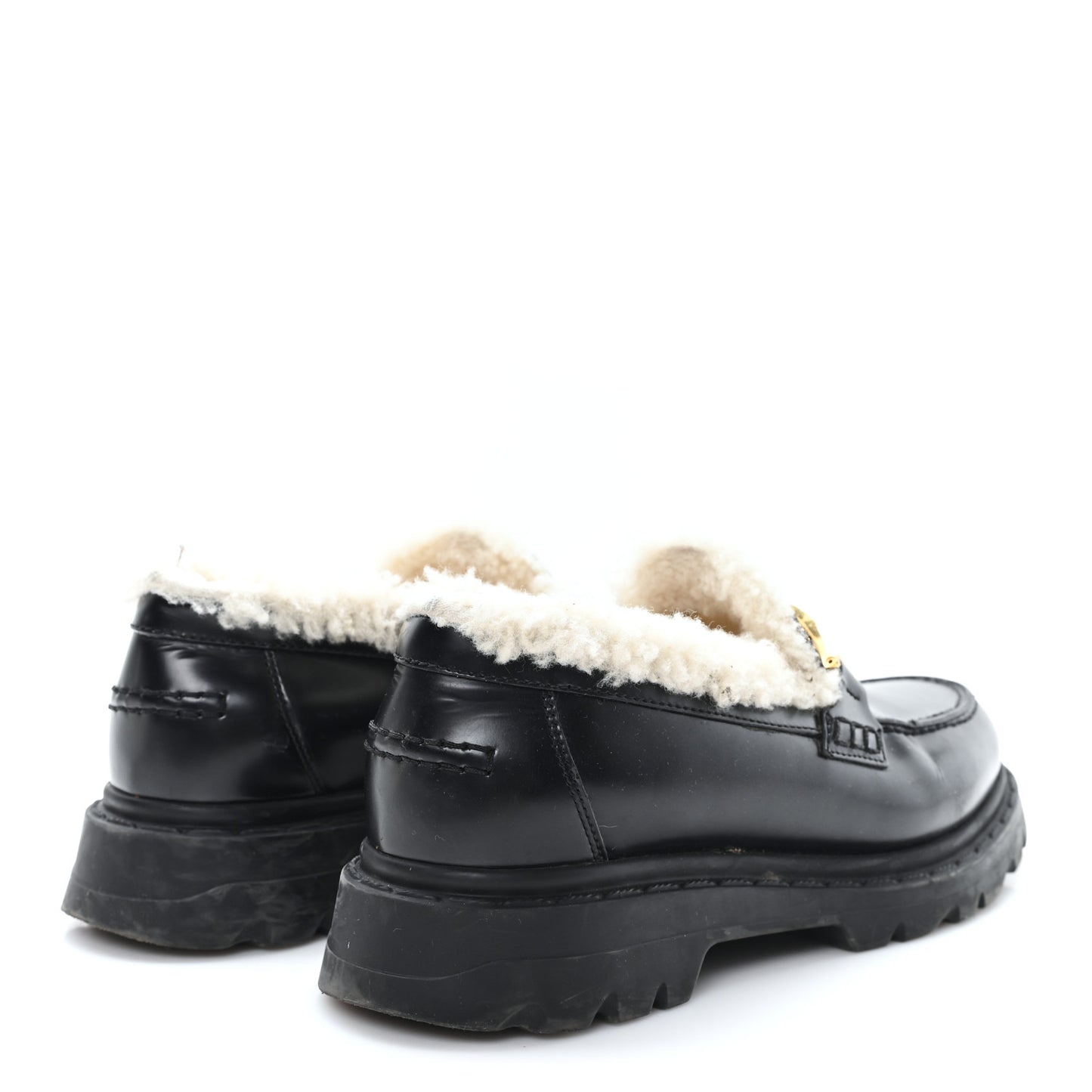 Brushed Calfskin Shearling Dior Code Lug Sole 15mm Loafers 35.5 Black Natural