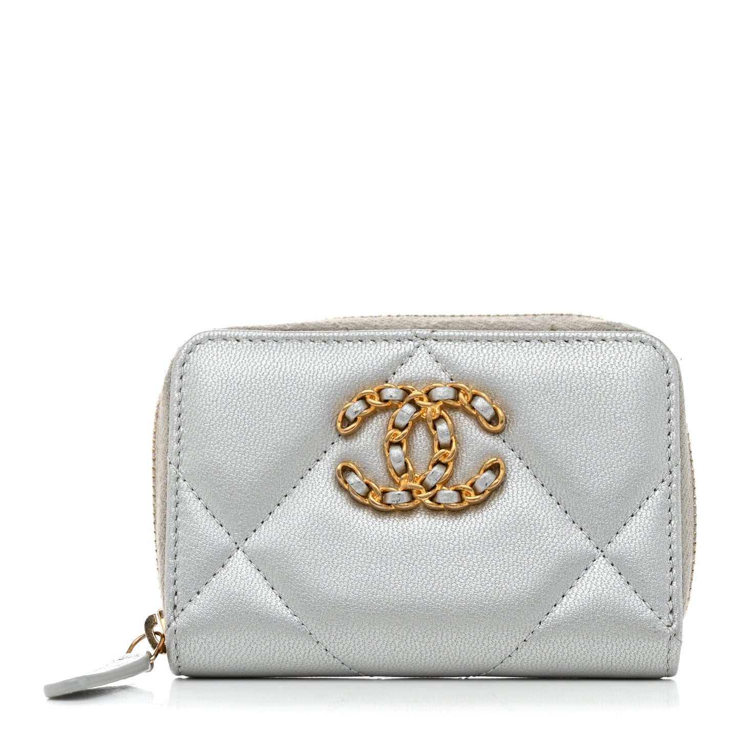 Metallic Lambskin Quilted 19 Zip Around Coin Purse Wallet Silver