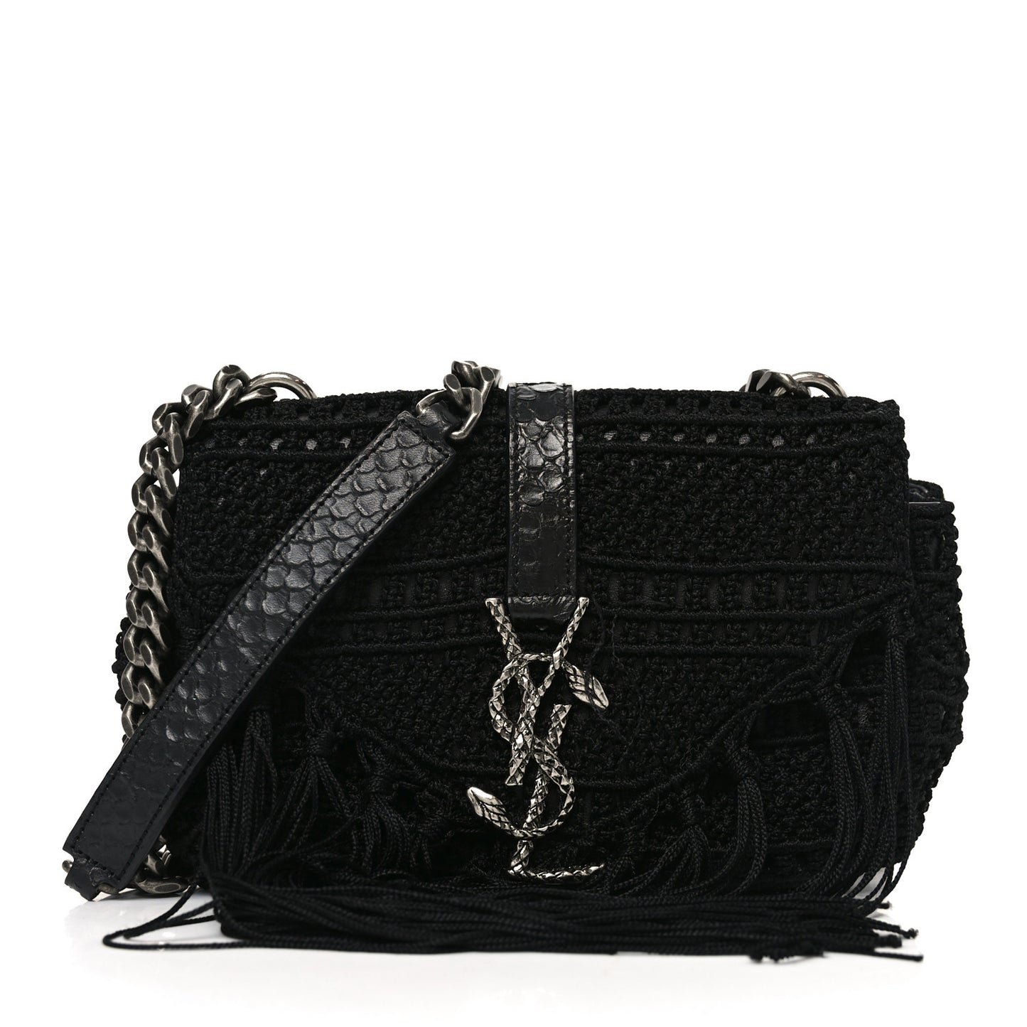 Calfskin Crochet Baby Monogram Chain Satchel Black
