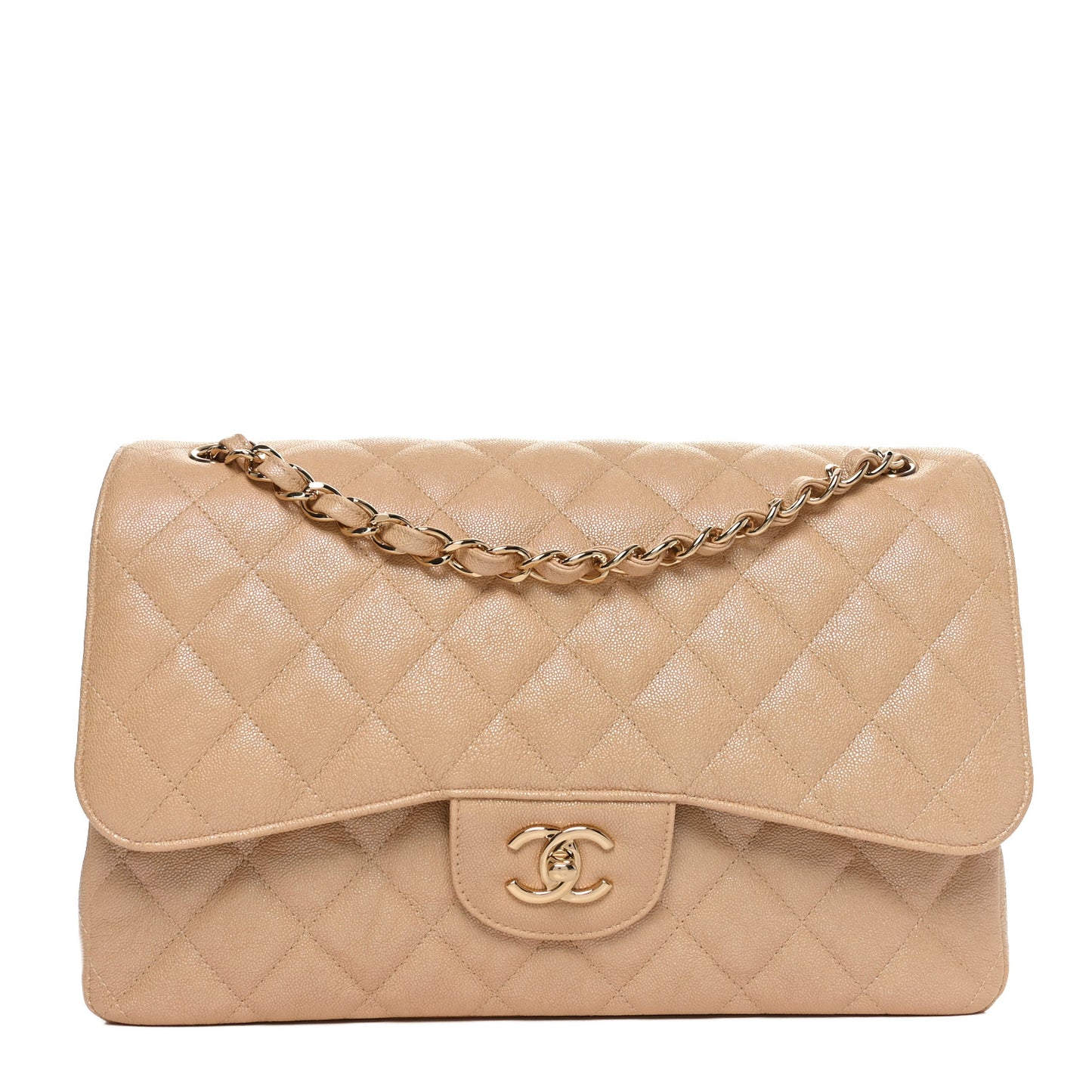 Iridescent Caviar Quilted Jumbo Double Flap Beige