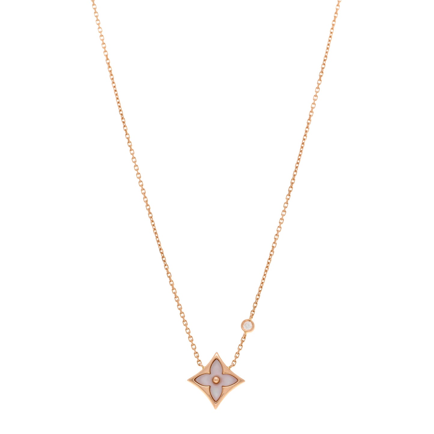 18K Pink Gold Diamond Pink Mother of Pearl Color Blossom BB Star Pendant Necklace